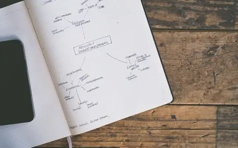 An open notebook on a dark wooden table with a hand-drawn mind map spreading across its two pages, one idea boxed at the center and lines branching out to notes around it, a phone at the edge of the frame.