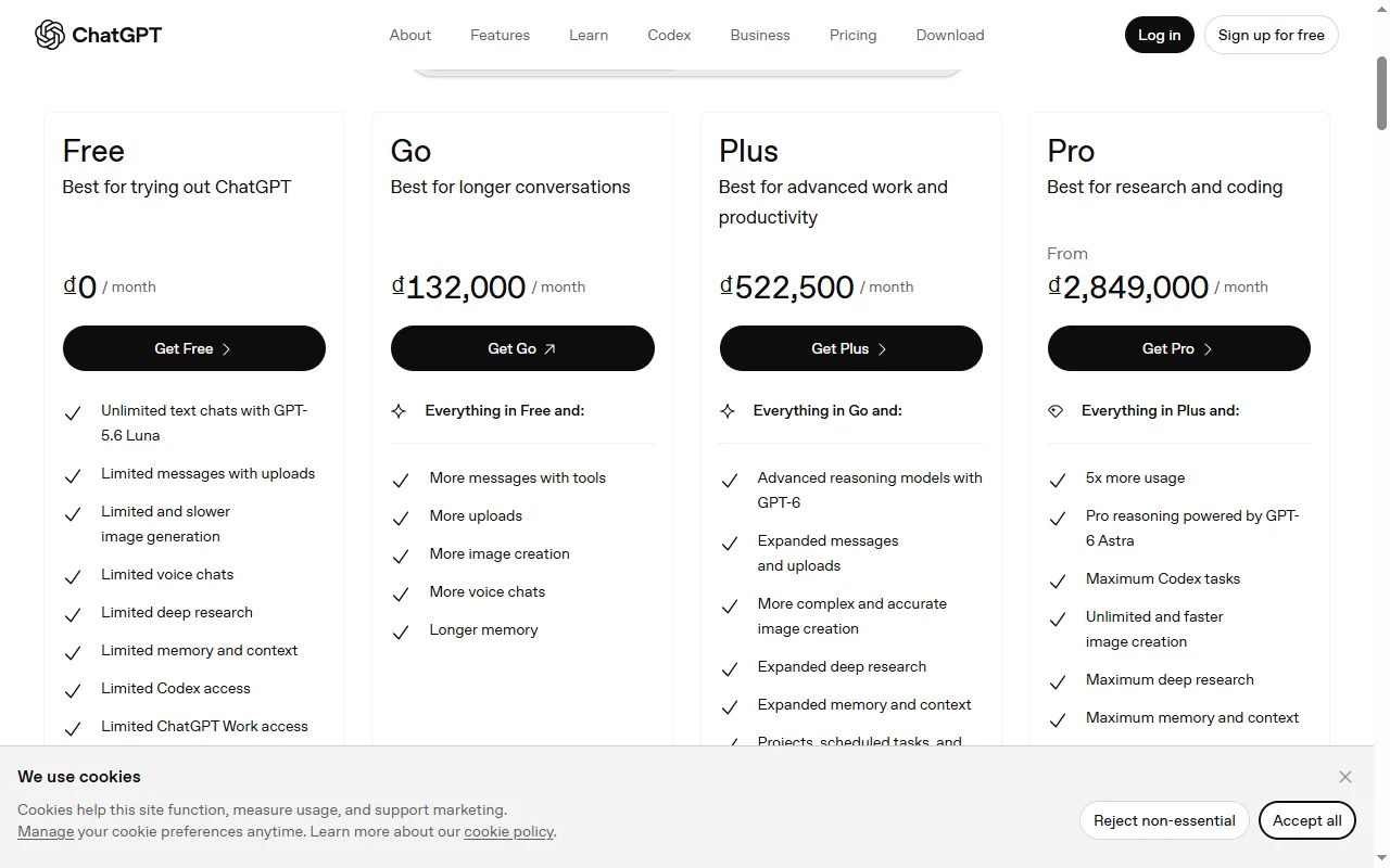 ChatGPT pricing page, captured 2026-09-23, showing the four consumer tiers Free at 0, Go at 132,000, Plus at 522,500 and Pro from 2,849,000, each displayed in Vietnamese dong per month as the page localizes prices by country.