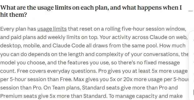 Claude's pricing FAQ answer, captured 2026-09-22, stating usage limits reset on a rolling five-hour window, paid plans add weekly limits, and there is no fixed message count.