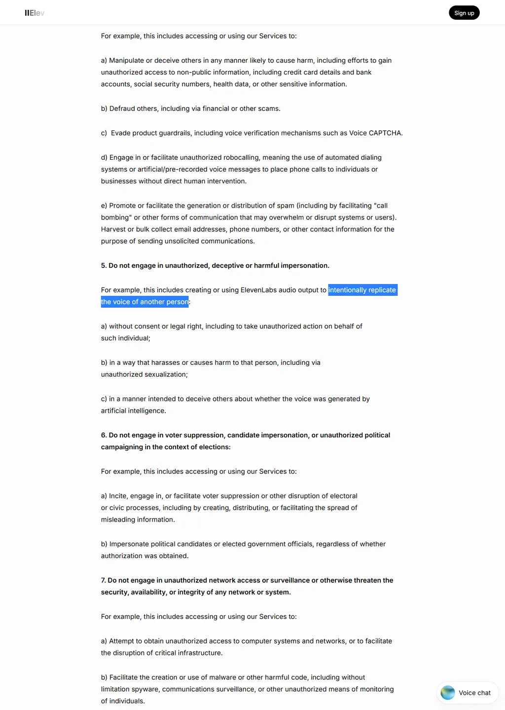 Sections 5 and 6 of the ElevenLabs Prohibited Use Policy, captured 2026-09-25, section 5 titled Do not engage in unauthorized, deceptive or harmful impersonation, containing the clause that creating or using ElevenLabs audio output to intentionally replicate the voice of another person is prohibited without consent or legal right.