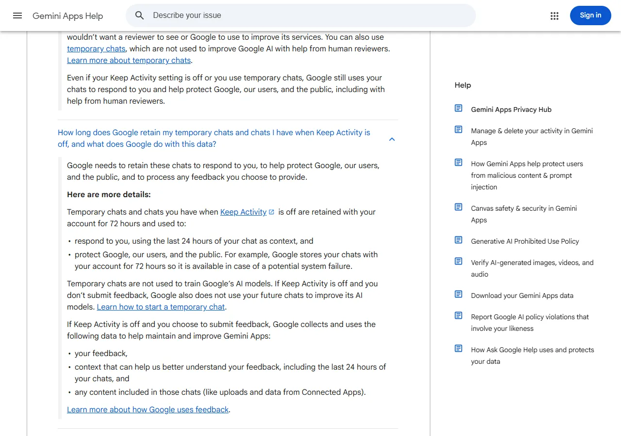 Gemini Apps Privacy Hub, captured 2026-09-27: temporary chats and chats you have when Keep Activity is off are retained with your account for 72 hours to respond to you and to protect Google, users and the public; temporary chats are not used to train Google's AI models.