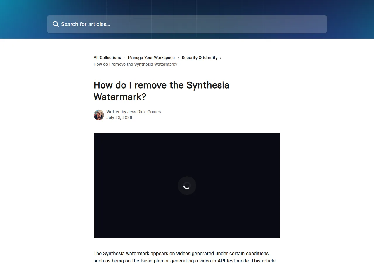 Synthesia's help article on removing the Synthesia watermark, captured 2026-09-26, stating that the watermark appears on videos generated under certain conditions such as being on the Basic plan, and that the Synthesia logo will appear on all videos created on the Basic plan unless you upgrade and regenerate the video.